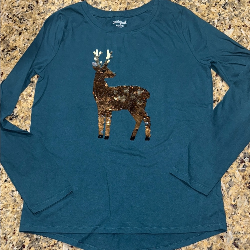Cat & Jack Teal Top with Sequin Deer